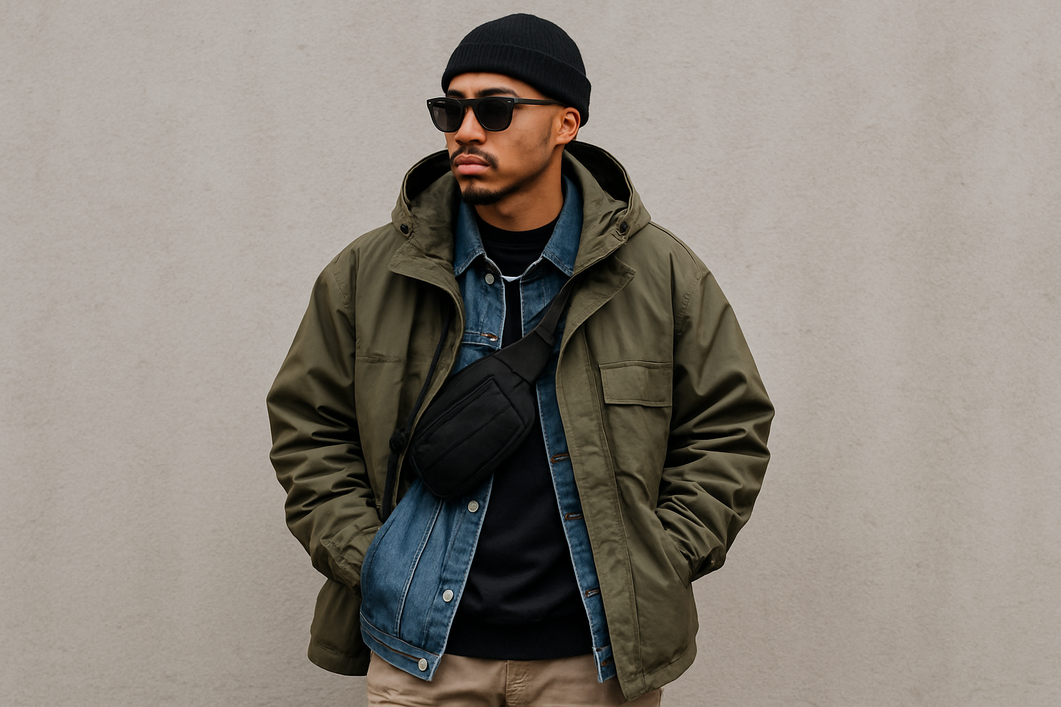 Contemporary men's streetwear outfit featuring layered jackets and accessories