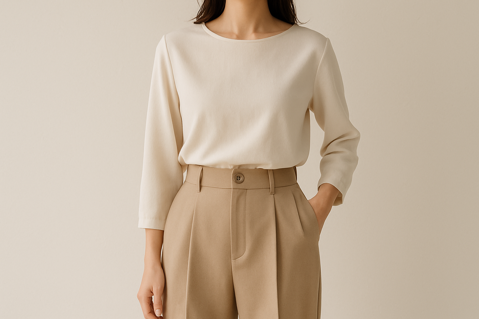 Minimalist women's blouse paired with high-waisted trousers, styled for the season