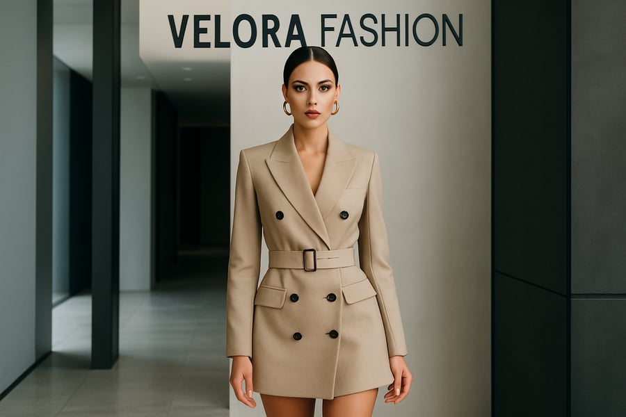 Stylish model wearing Velora Fashion in a sleek, modern setting Stylish model wearing Velora Fashion in a sleek, modern setting